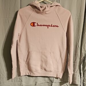Champion Light Pink Hoodie with Red Logo